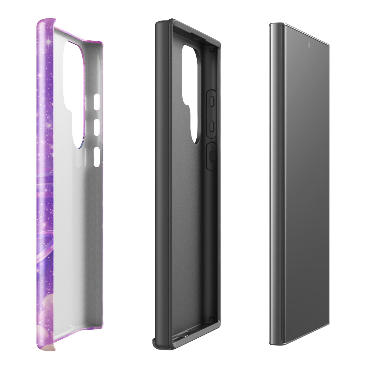 Phone Case for Samsung Galaxy - Cosmic Heart and Shooting Star Design in purple with metallic chrome accents.