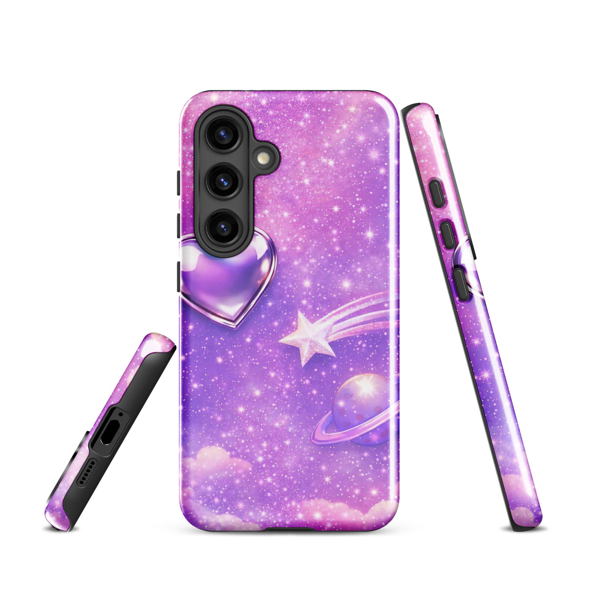 Phone Case for Samsung Galaxy with cosmic heart, shooting star, ringed planet design, in dreamy pastels and metallic chrome.