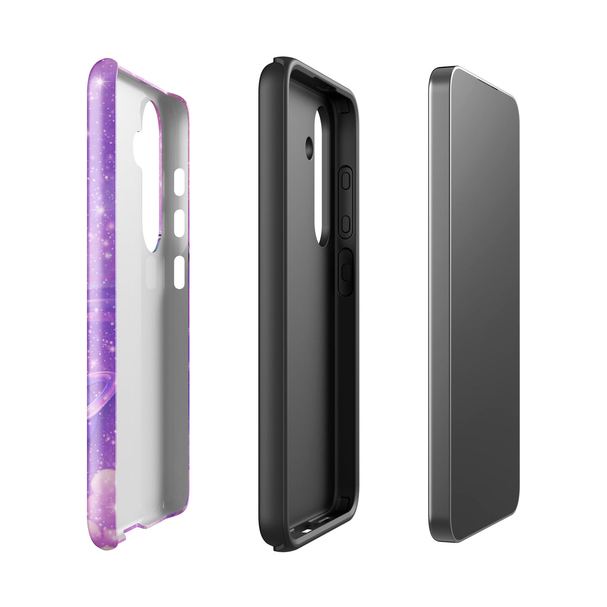 Phone Case for Samsung Galaxy with cosmic heart and shooting star design, featuring pastel clouds and an iridescent chrome heart.
