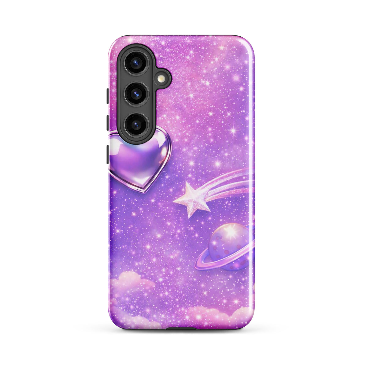 Phone Case for Samsung Galaxy with cosmic heart and shooting star design, featuring a metallic chrome heart and celestial artwork.