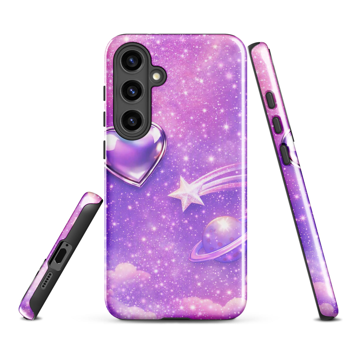 Phone Case for Samsung Galaxy with Cosmic Heart and Shooting Star Design featuring stars and pastel clouds.