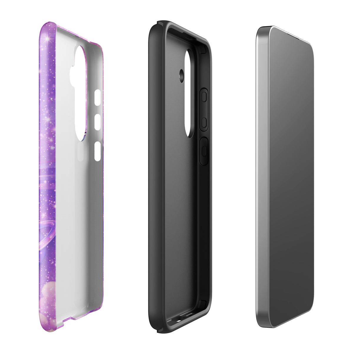 Phone Case for Samsung Galaxy with cosmic heart and shooting star design in purple and pink hues