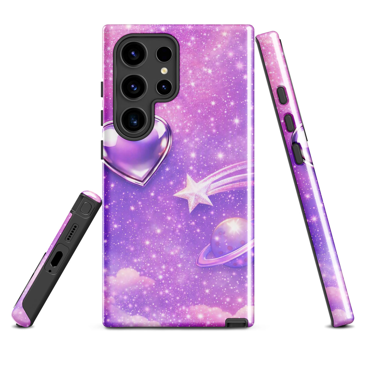 Phone Case for Samsung Galaxy - Cosmic Heart with Shooting Star Design featuring pastel clouds and celestial artwork.