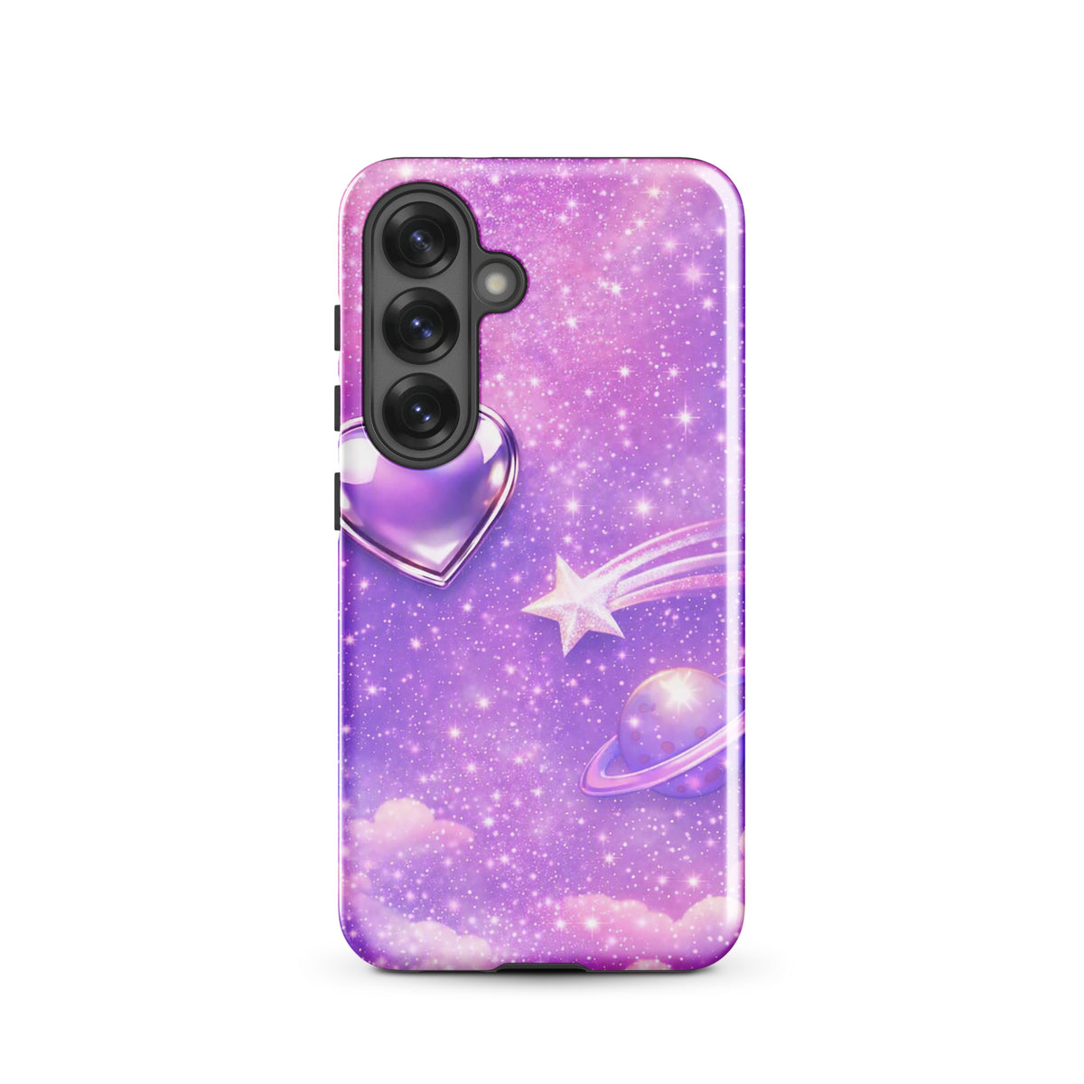 Phone Case for Samsung Galaxy with cosmic heart and shooting star design in pastel clouds, metallic chrome heart, and celestial artwork.