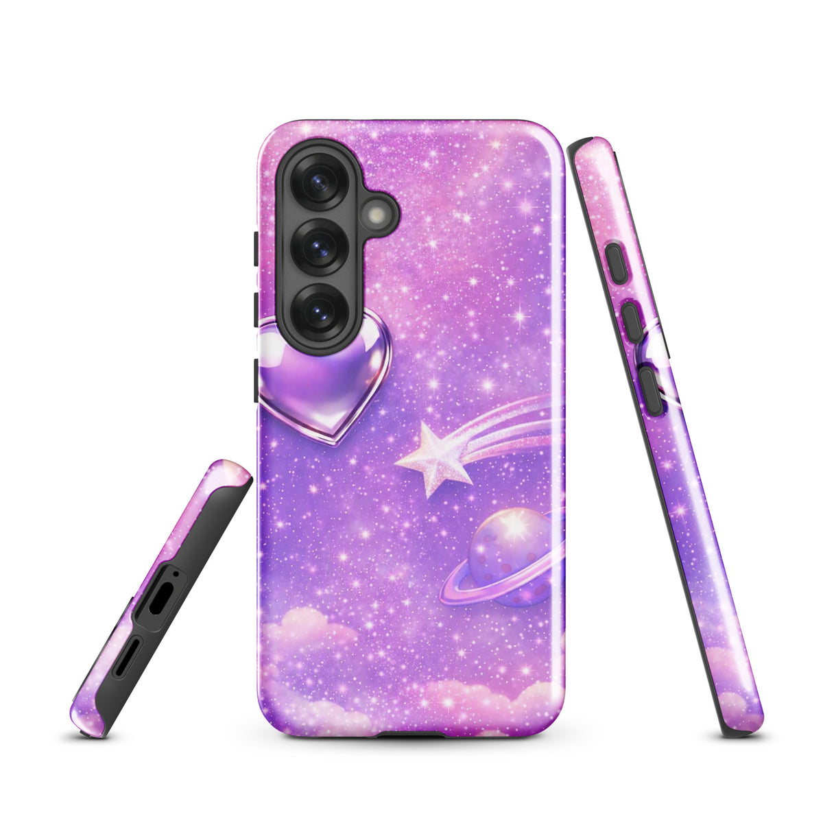 Phone Case for Samsung Galaxy with cosmic heart, shooting star, and celestial design on pastel clouds.