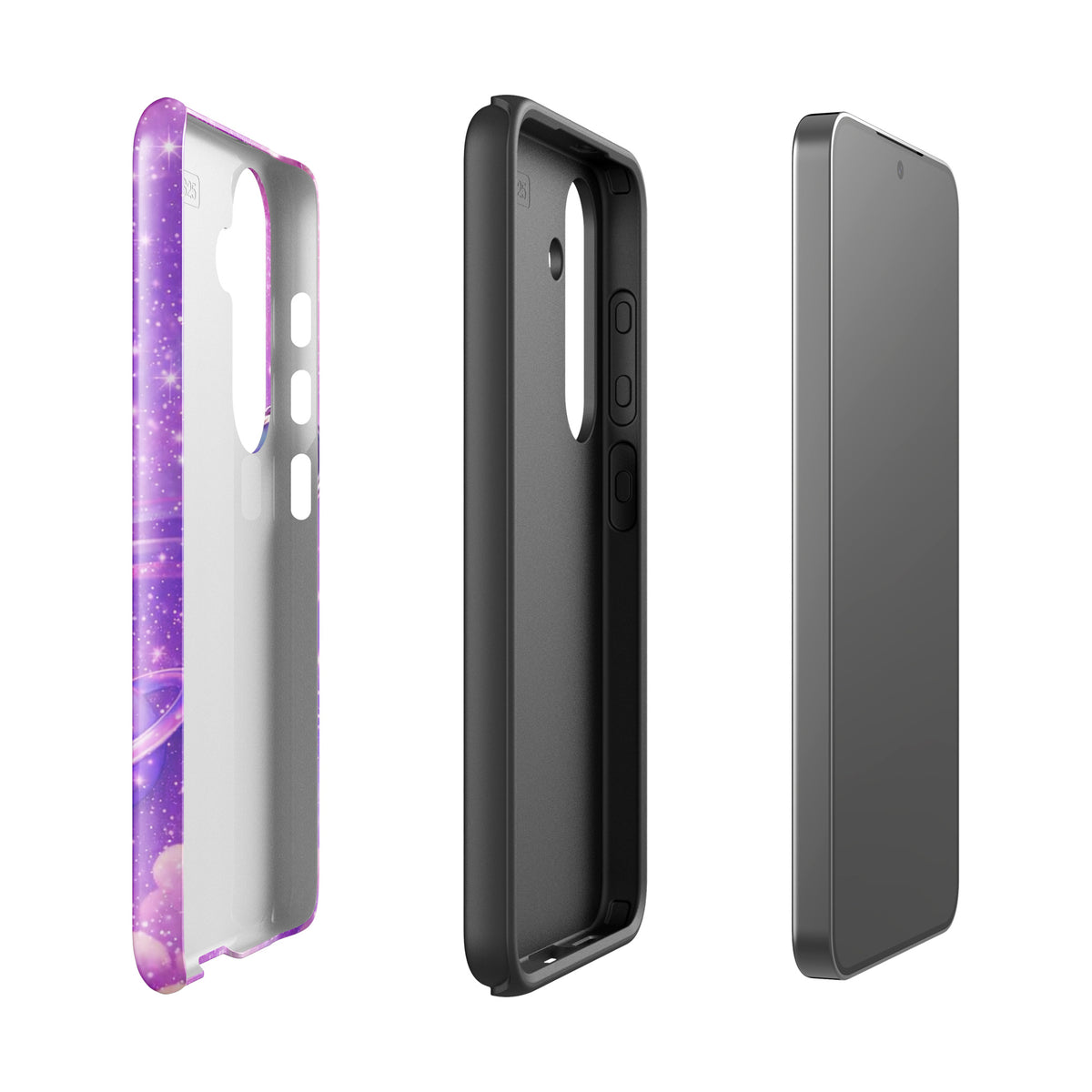 Phone Case for Samsung Galaxy - Cosmic Heart design with shooting star and pastel clouds, showcasing metallic chrome details.