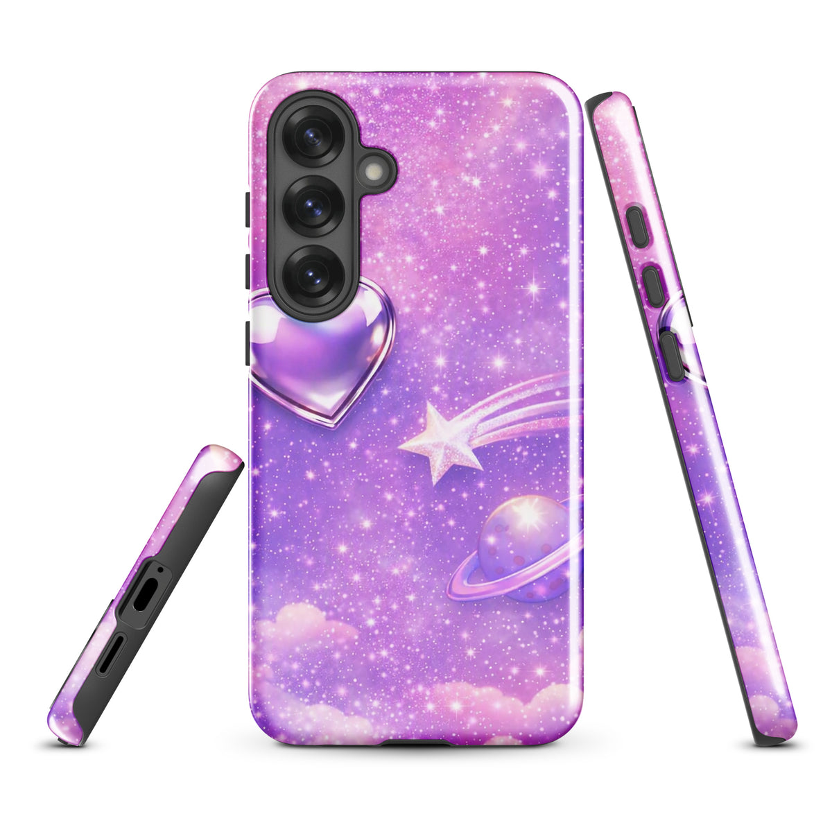 Phone Case for Samsung Galaxy with cosmic heart, shooting star, and pastel clouds design, perfect for celestial art lovers.