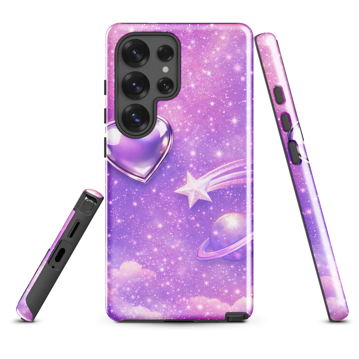 Phone Case for Samsung Galaxy featuring Cosmic Heart and Shooting Star Design with celestial elements and pastel clouds.