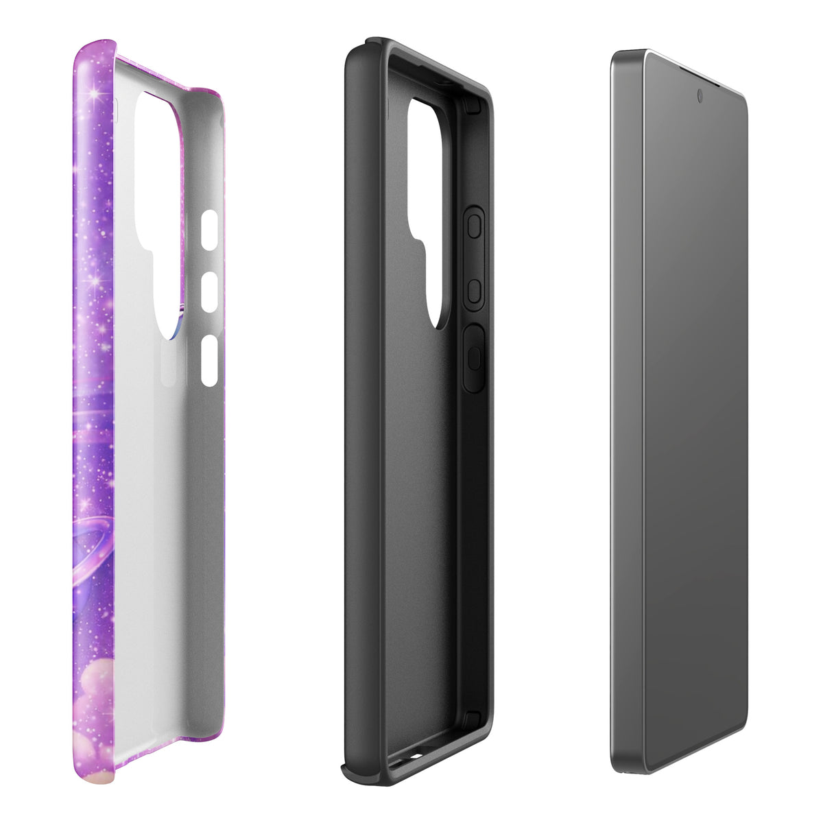 Phone Case for Samsung Galaxy with cosmic heart and shooting star design, featuring pastel clouds and celestial elements.