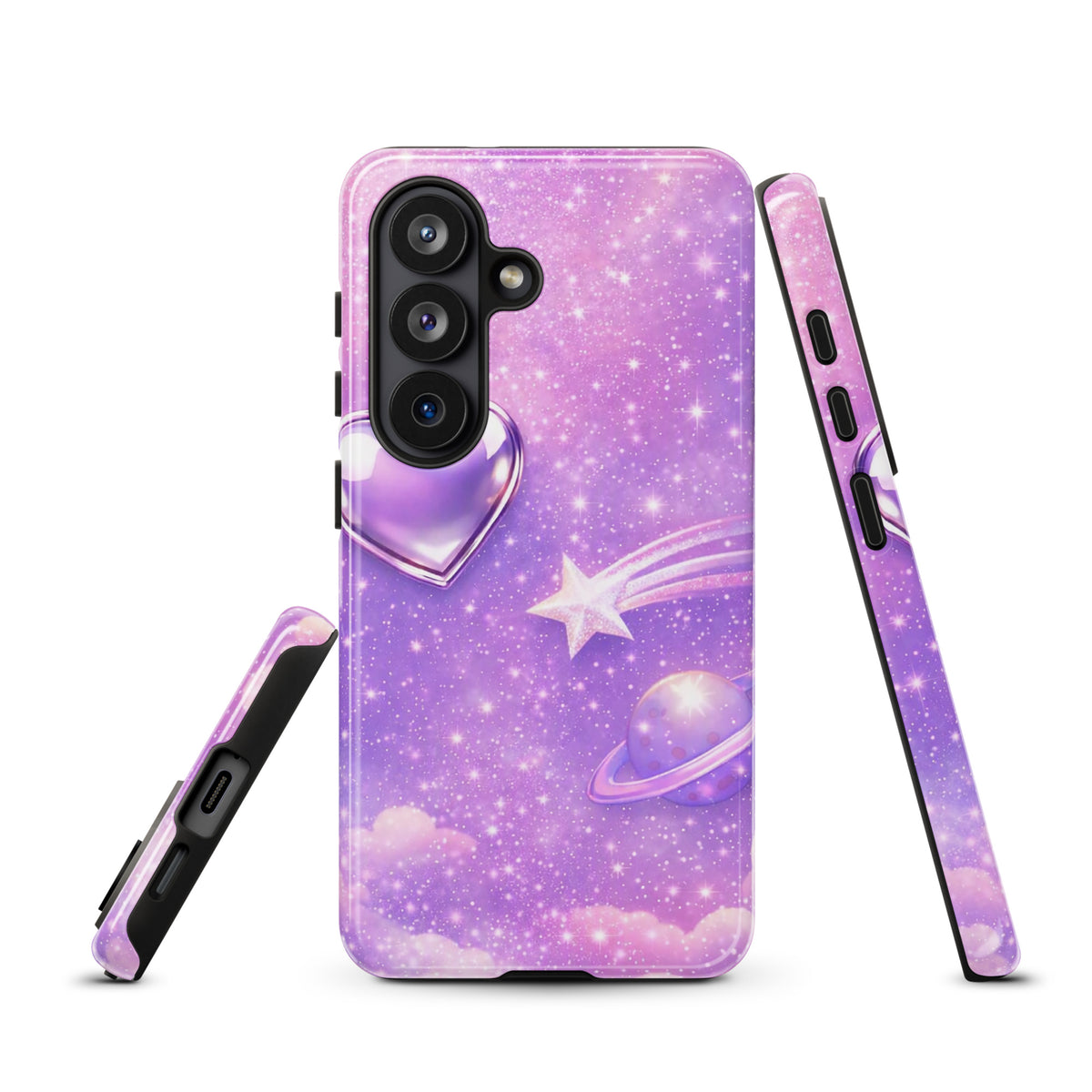 Phone Case for Samsung Galaxy with cosmic heart, shooting star, ringed planet, and pastel clouds in a dreamy celestial design.