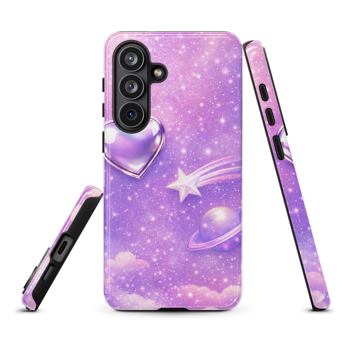 Phone Case for Samsung Galaxy with cosmic heart, shooting star, and pastel clouds design featuring celestial elements.