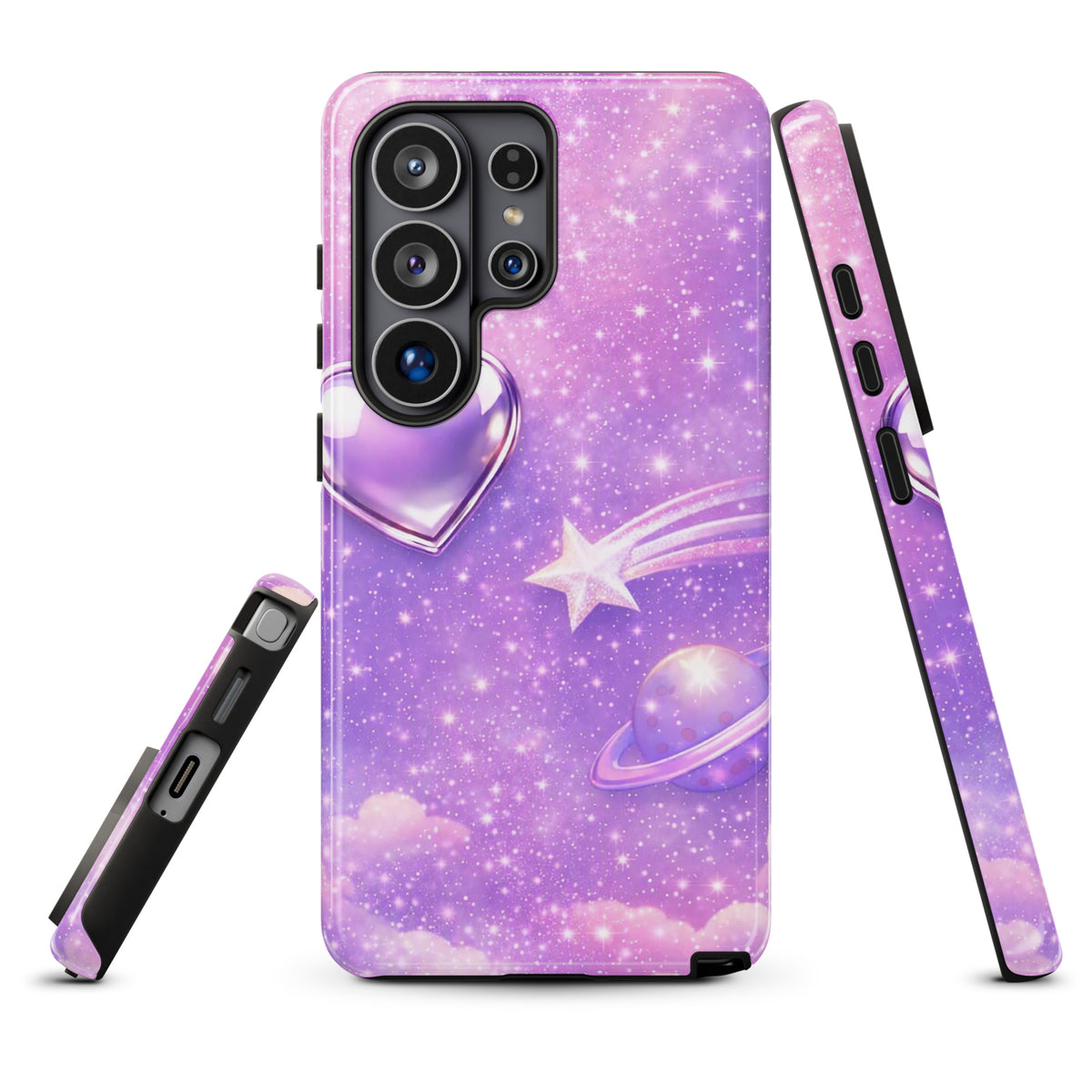 Phone Case for Samsung Galaxy with Cosmic Heart and Shooting Star Design, featuring a dreamy celestial scene with pastel clouds and twinkling stars.