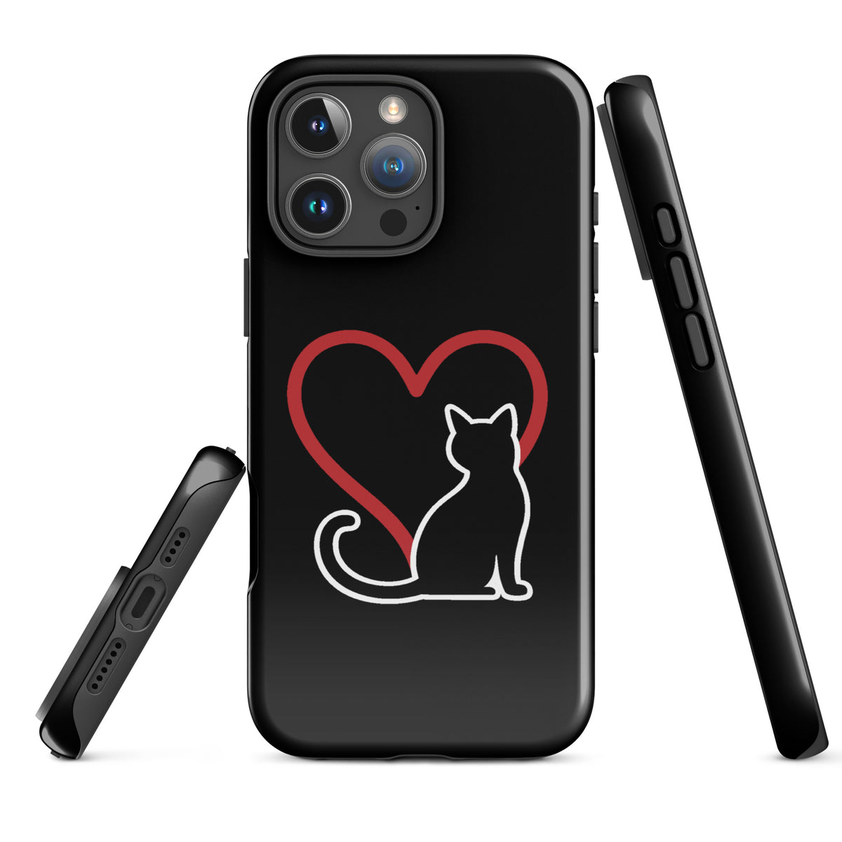 Phone Case for iPhone featuring a minimalist black and white cat design with a red heart, perfect for cat lovers seeking elegant protection.