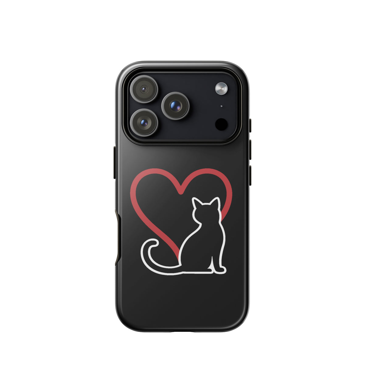 Phone Case for iPhone with cat and heart design on black background, ideal for cat lovers seeking stylish and elegant protection.