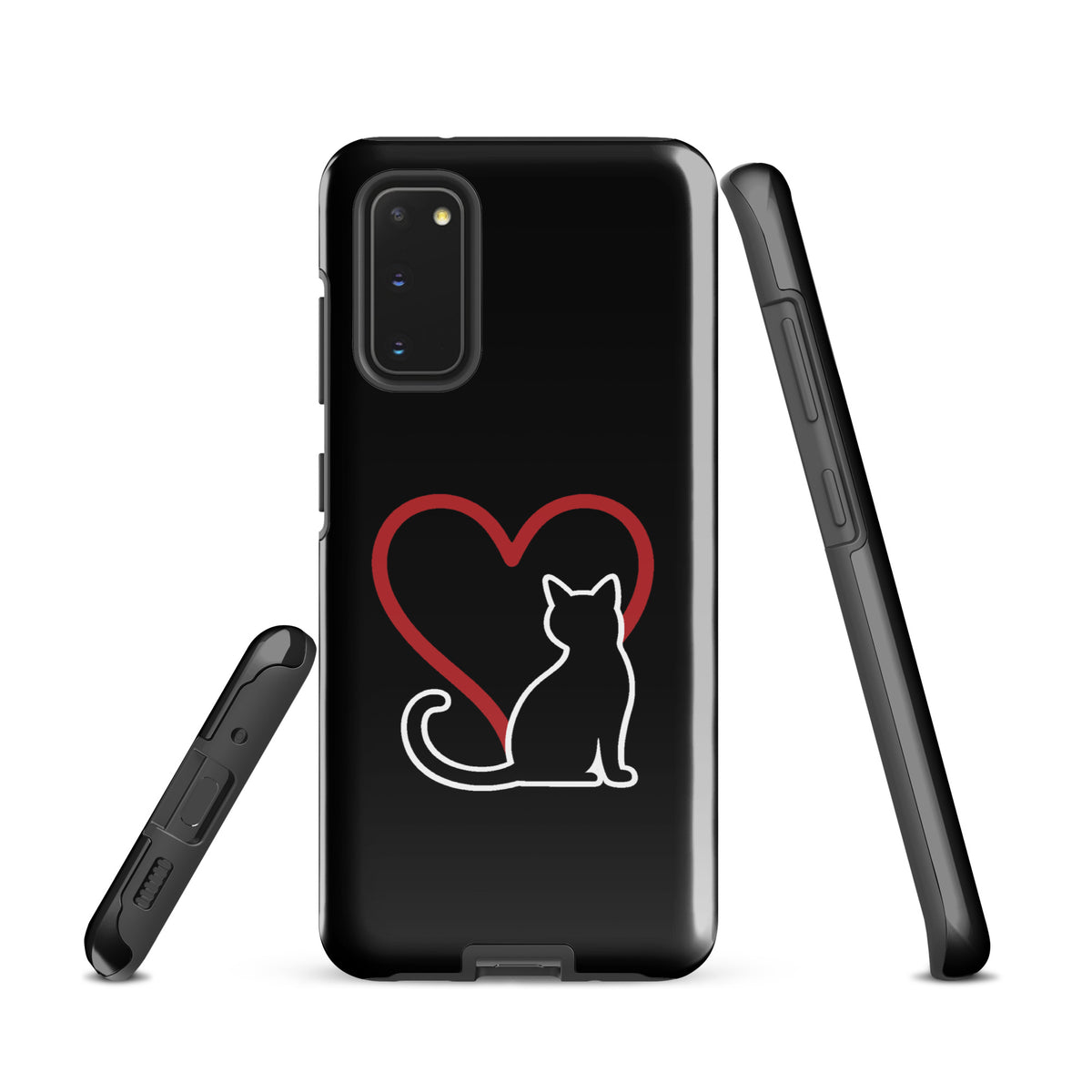 Phone Case for Samsung Galaxy featuring a minimalist white cat with a red heart on a black background, designed for cat lovers.