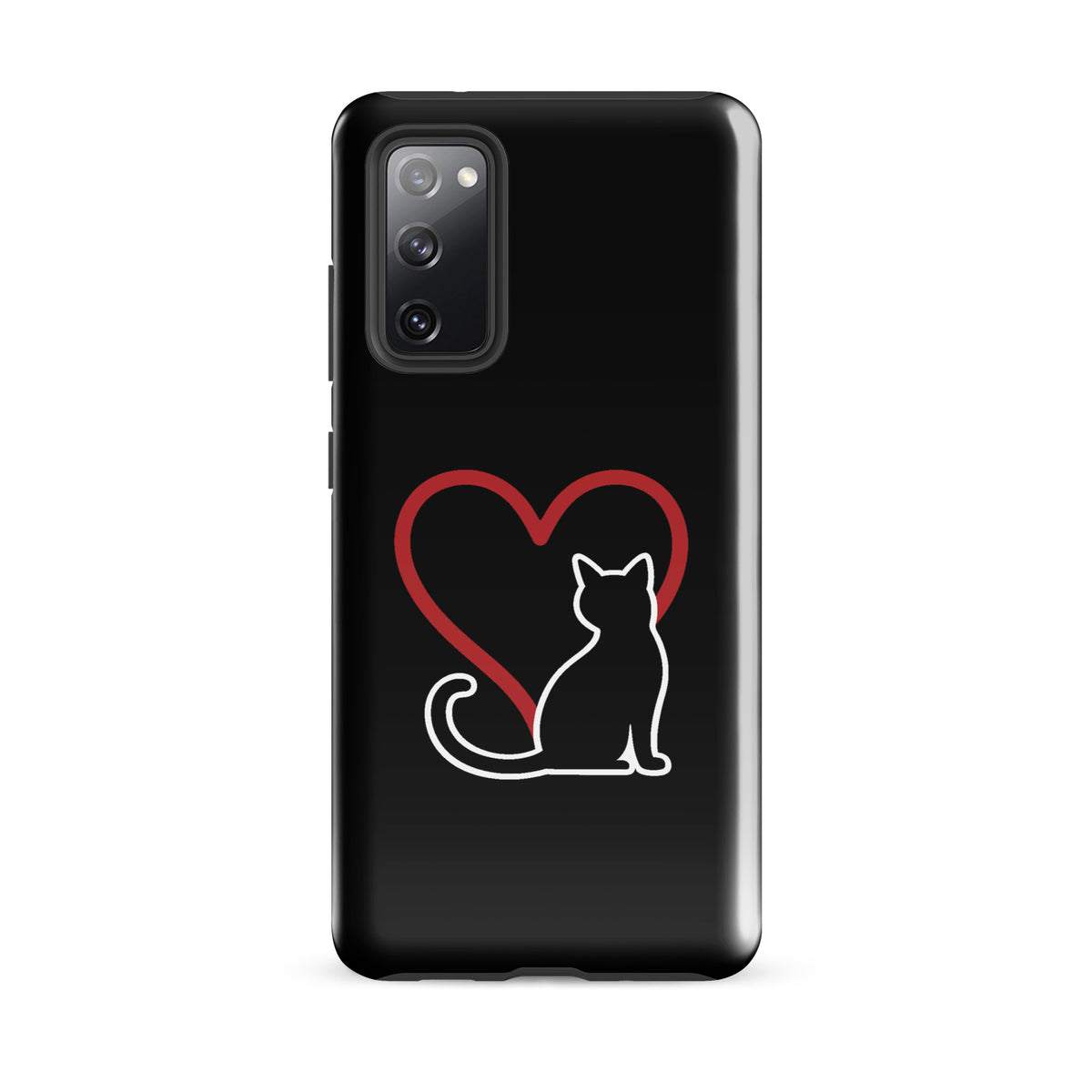 Phone Case for Samsung Galaxy featuring white cat and red heart design on black background for cat lovers.