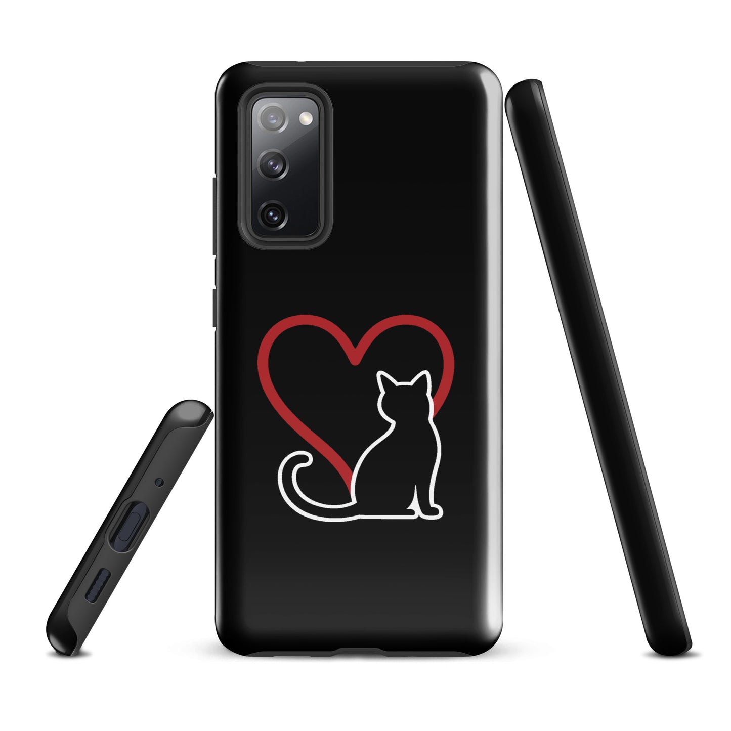 Phone Case for Samsung Galaxy featuring a minimalist white cat and red heart design on black background, perfect for cat lovers.
