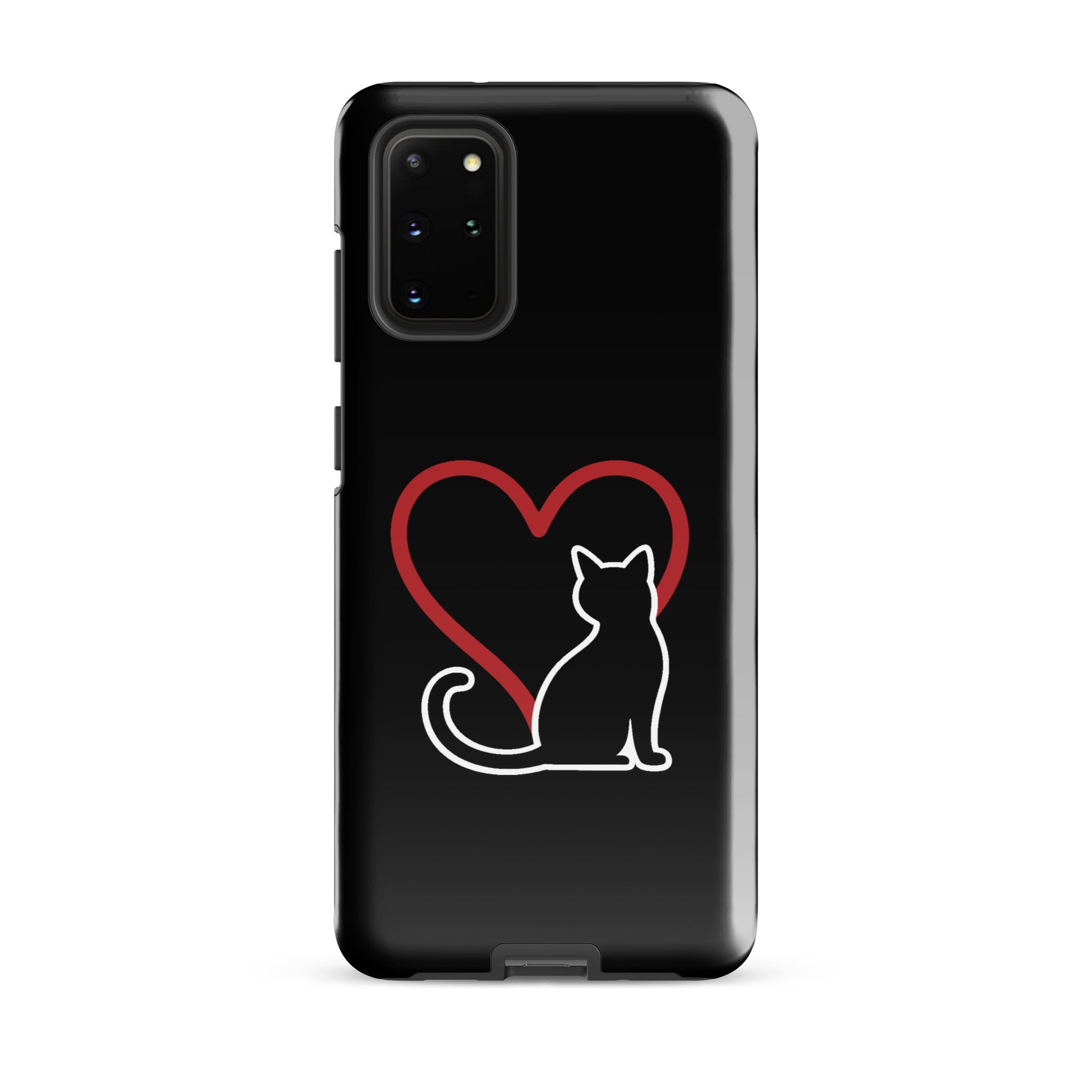 Phone Case for Samsung Galaxy with cat and heart design on black background for cat lovers.