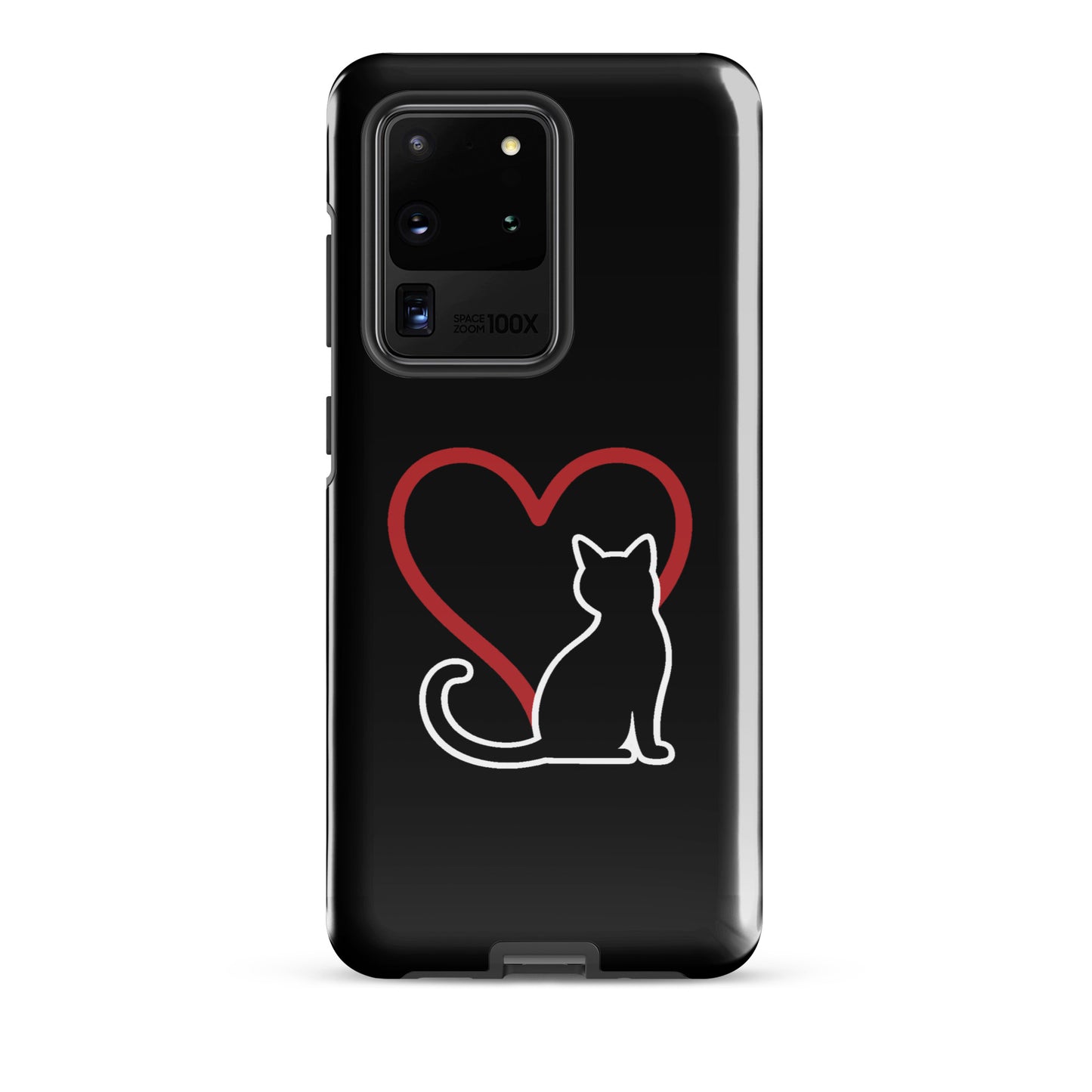 Phone Case for Samsung Galaxy with white cat and red heart design on black background, elegant protection for cat lovers.