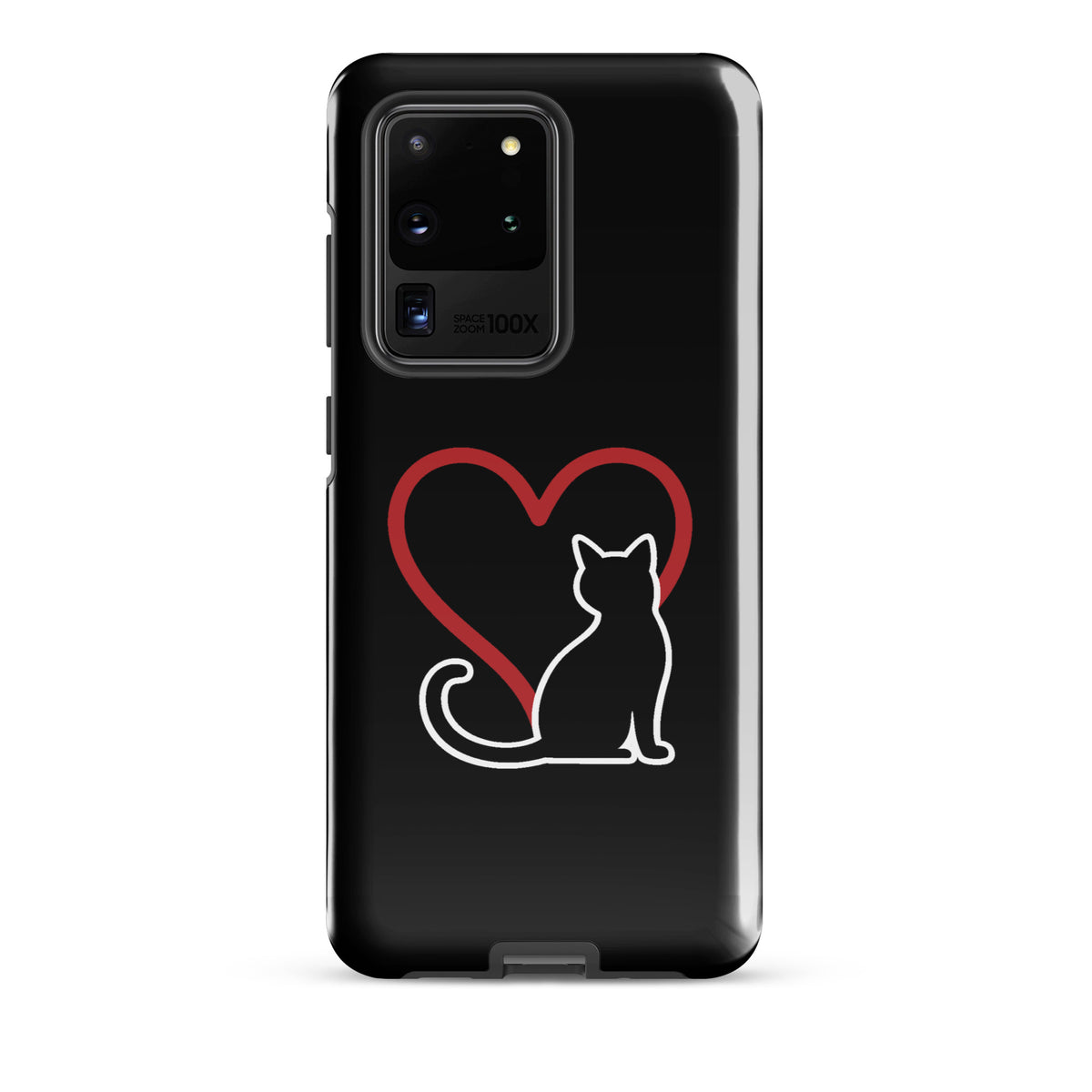 Phone Case for Samsung Galaxy with white cat and red heart design on black background, elegant protection for cat lovers.