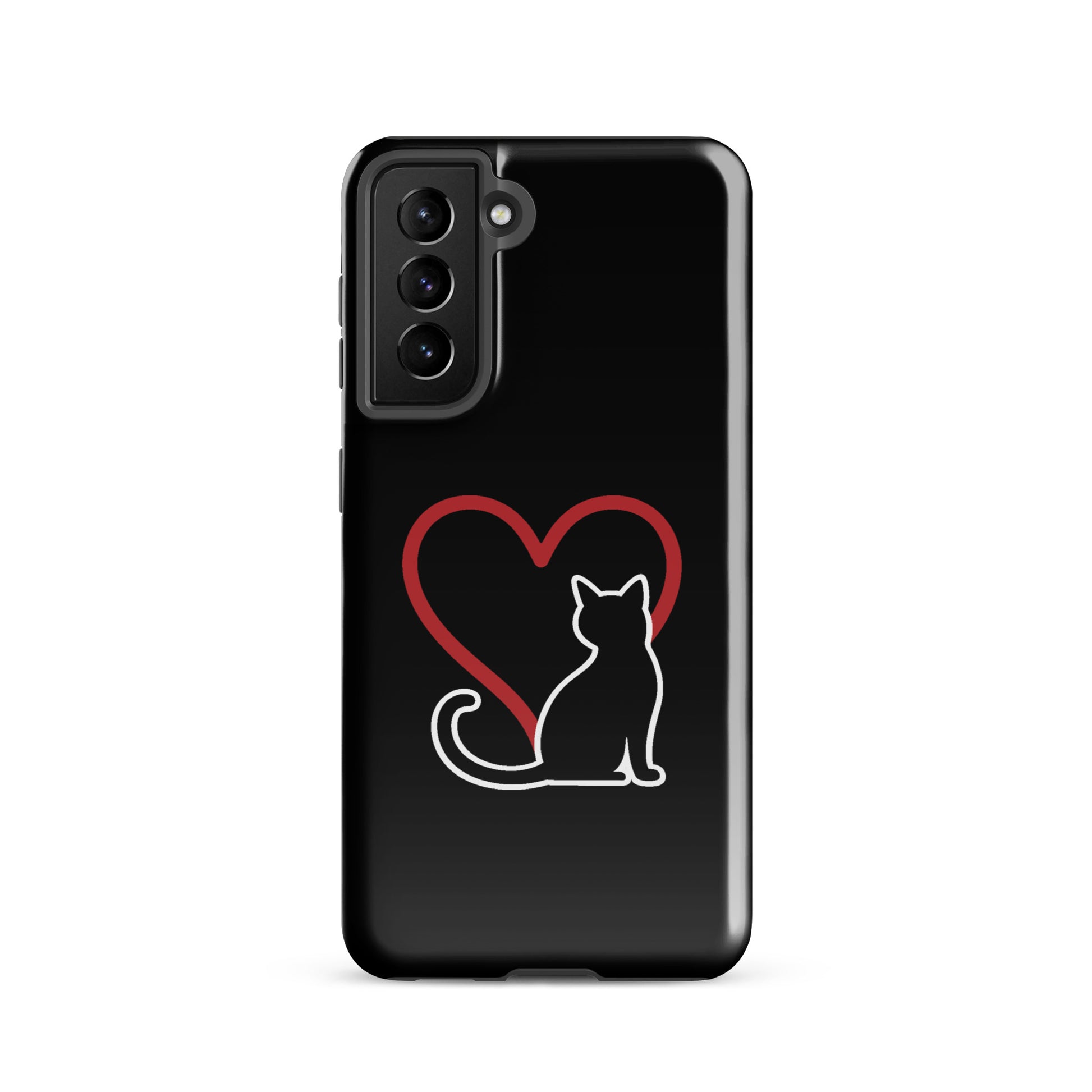 Phone Case for Samsung Galaxy featuring white cat with red heart design on a black background, ideal for cat lovers seeking elegant protection.