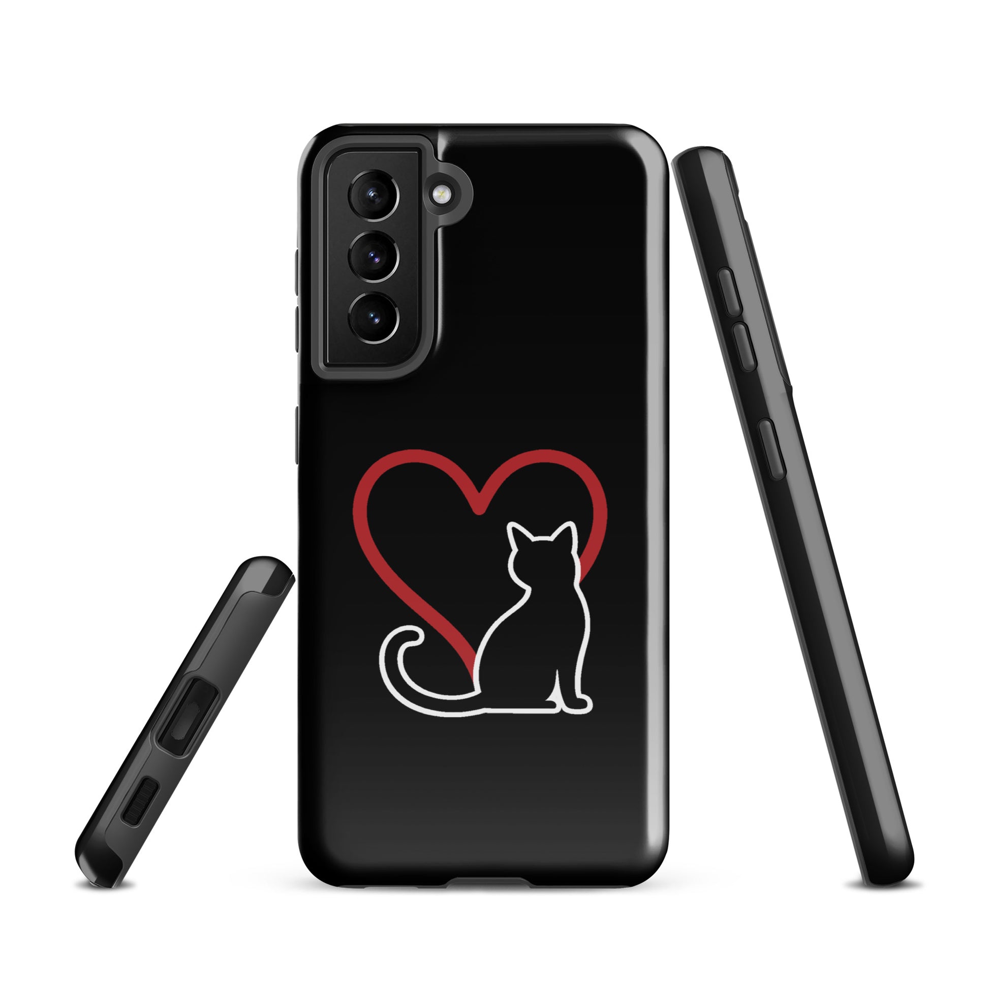 Phone Case for Samsung Galaxy with minimalist black cat and red heart design, perfect for cat lovers seeking elegant phone protection.