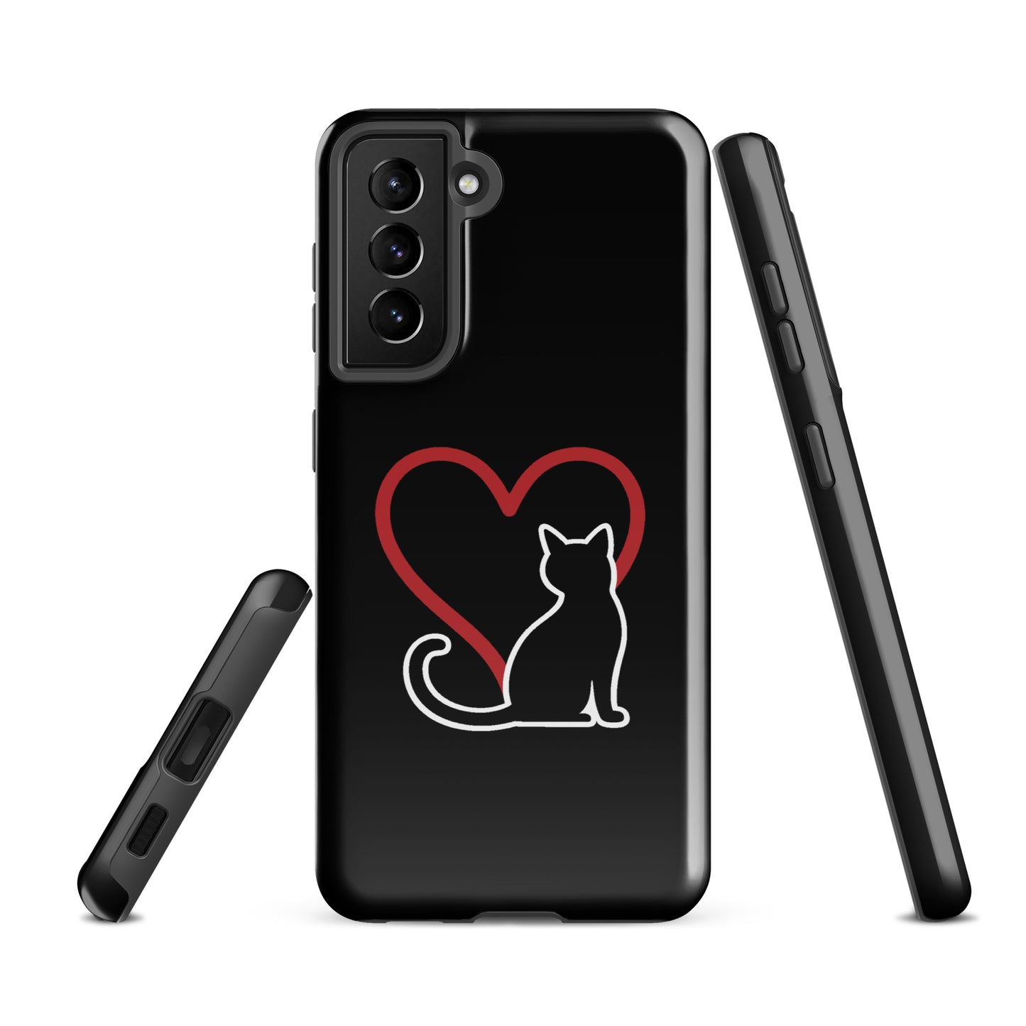 Phone Case for Samsung Galaxy with cat and heart design on black background, ideal for cat lovers. Elegant protection and style.