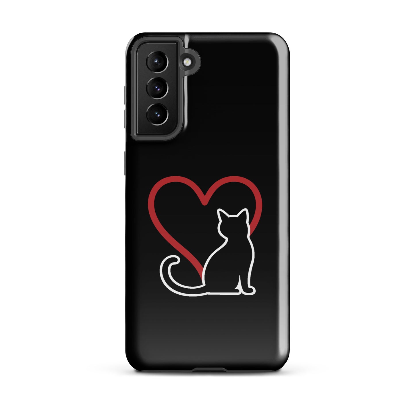 Phone Case for Samsung Galaxy featuring white cat and red heart design on black background.