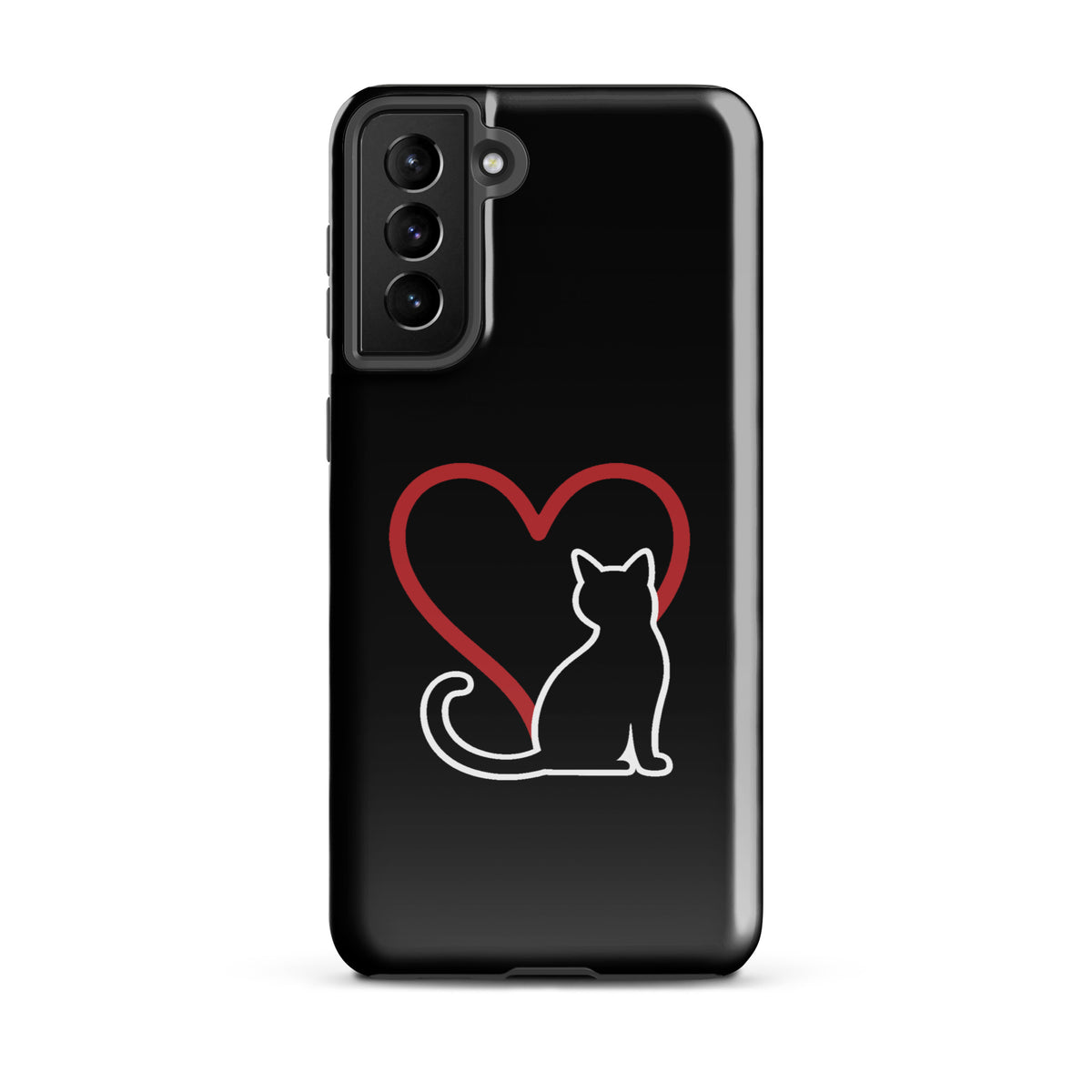 Phone Case for Samsung Galaxy featuring white cat and red heart design on black background.