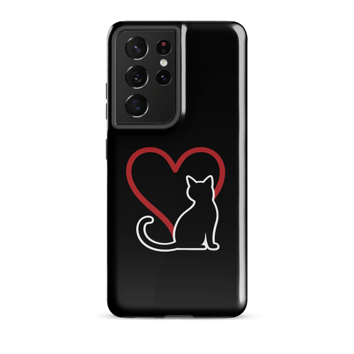 Phone Case for Samsung Galaxy with white cat and red heart design on black background, ideal for cat lovers seeking elegance and protection.