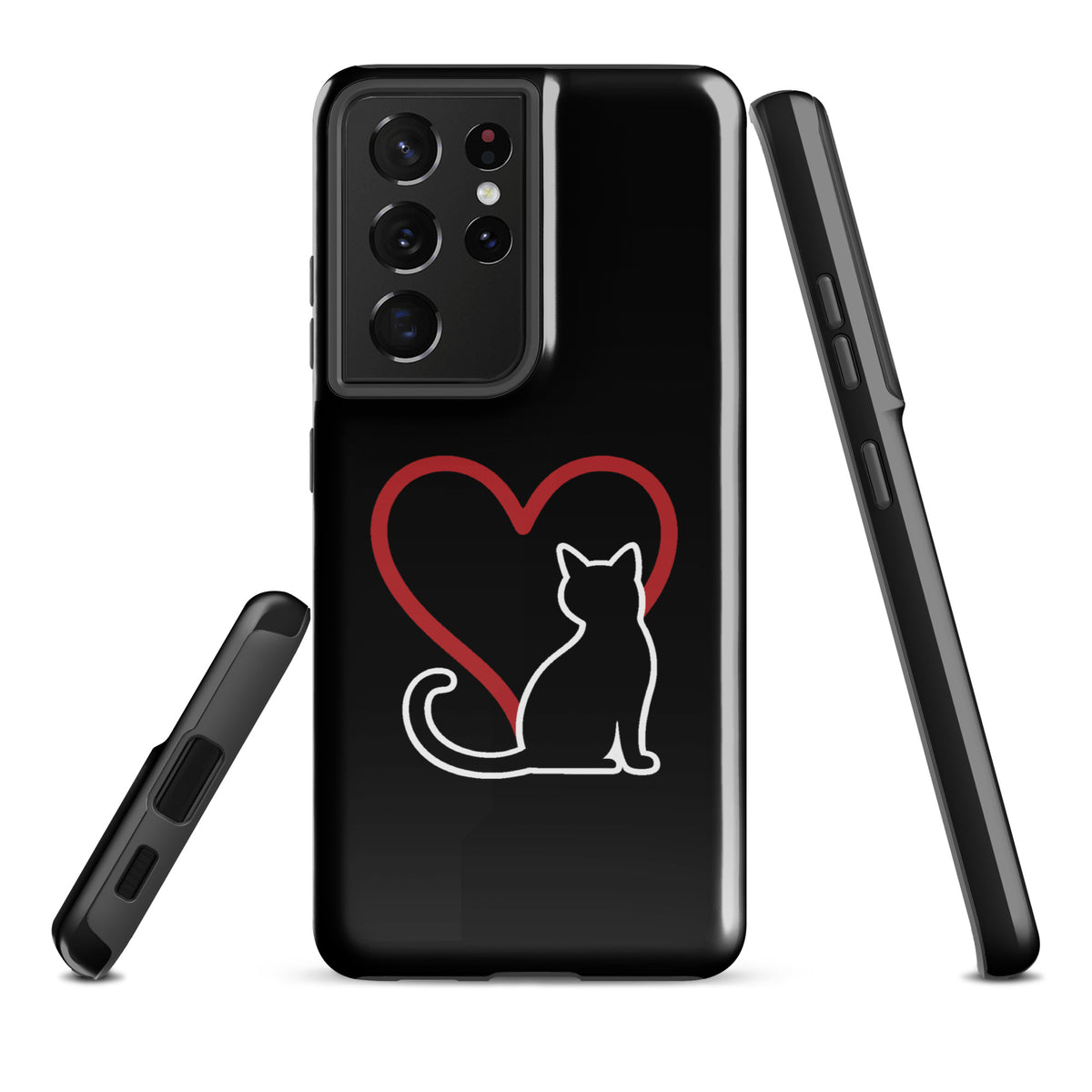 Phone Case for Samsung Galaxy featuring minimalist white cat and red heart design on black background, perfect for cat lovers.
