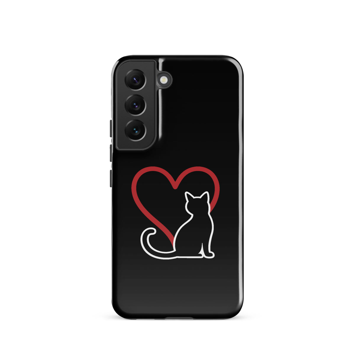 Phone Case for Samsung Galaxy with elegant cat and heart design on black background.