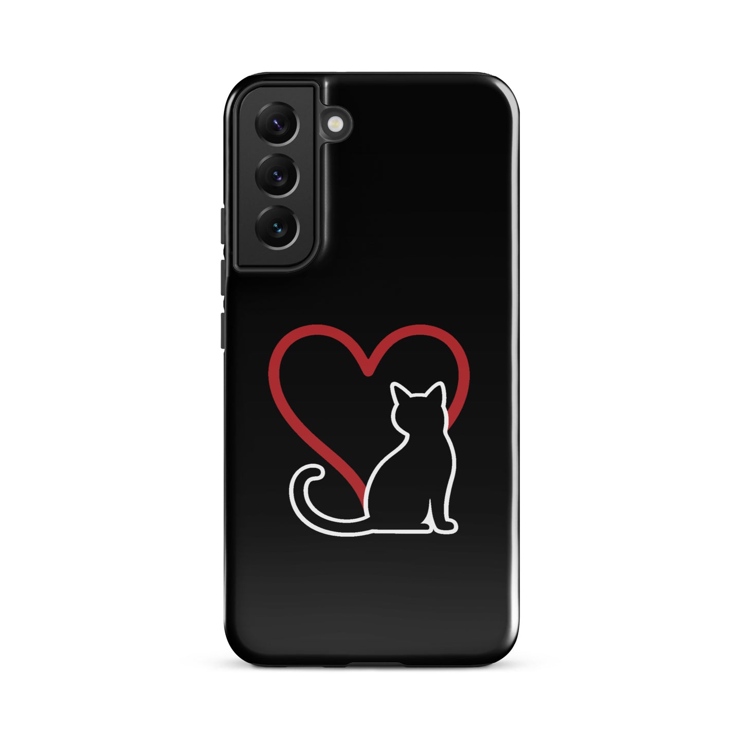 Phone Case for Samsung Galaxy featuring a white cat and red heart design on a black background, ideal for cat lovers.