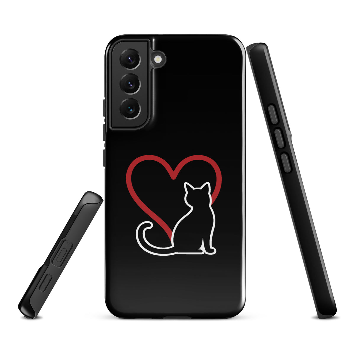Phone Case for Samsung Galaxy featuring minimalist white cat and red heart design on black background, perfect for cat lovers.