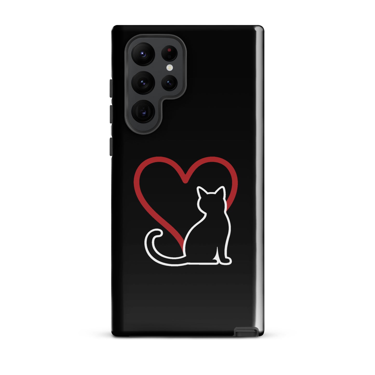 Phone Case for Samsung Galaxy with elegant cat and heart design, perfect for cat lovers. Sleek black and white style with red accent.