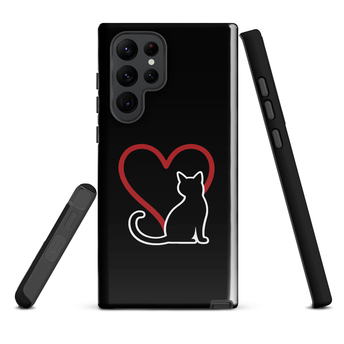 Phone Case for Samsung Galaxy featuring a white cat with a red heart design on a black background, ideal for cat lovers.