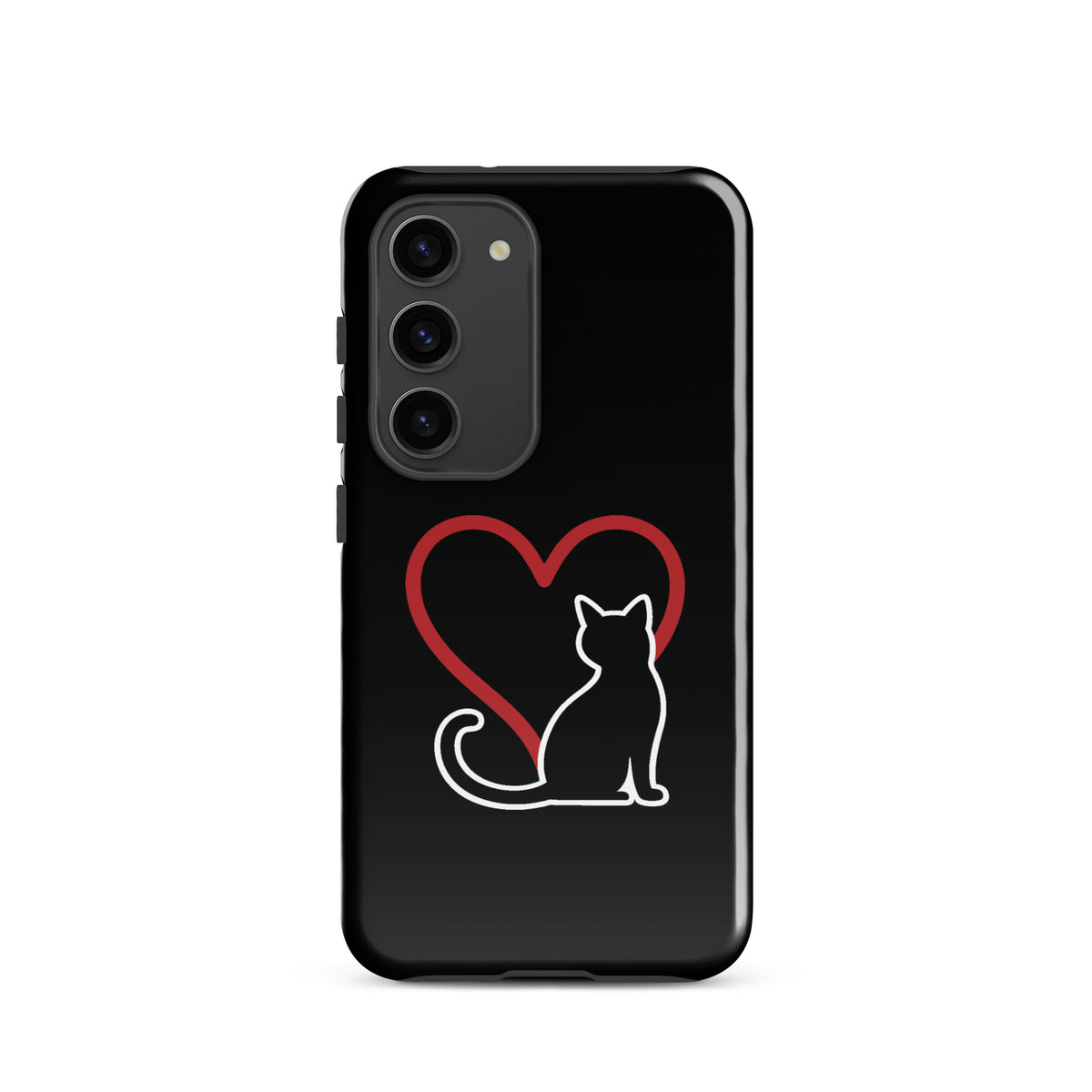 Phone Case for Samsung Galaxy with minimalist white cat and red heart design on black background for cat lovers.