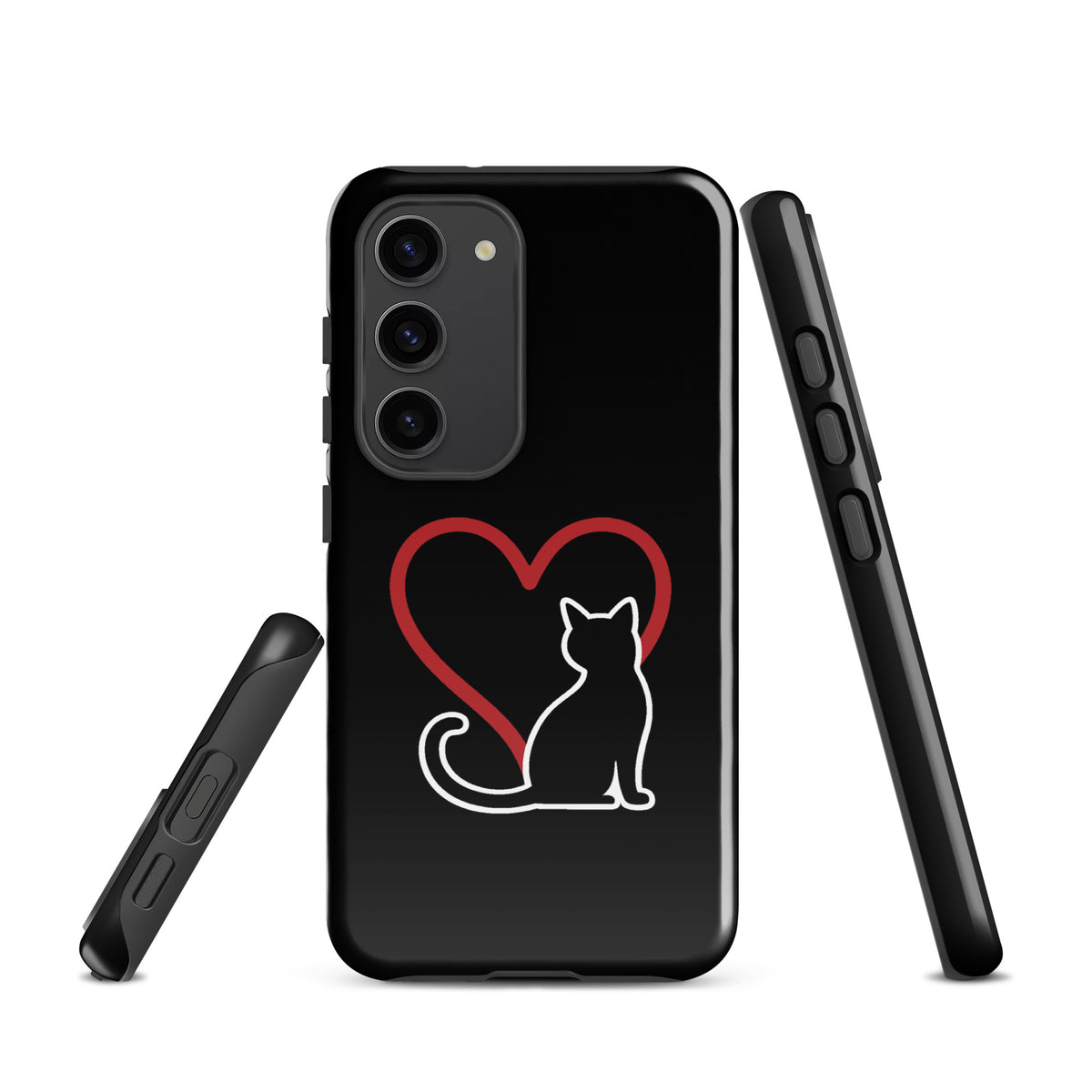 Phone Case for Samsung Galaxy with white cat and heart design on black background, elegant protection for cat lovers.