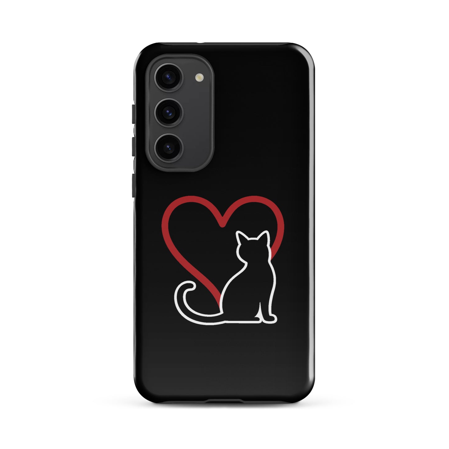 Phone Case for Samsung Galaxy featuring white cat outline with red heart on black background, perfect for cat lovers.