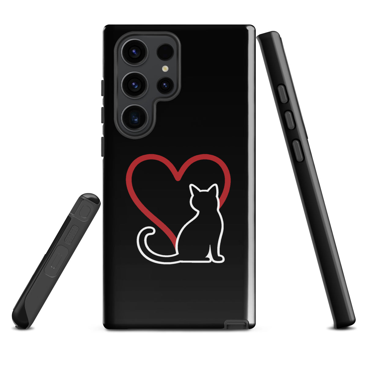 Phone Case for Samsung Galaxy with white cat and red heart design.