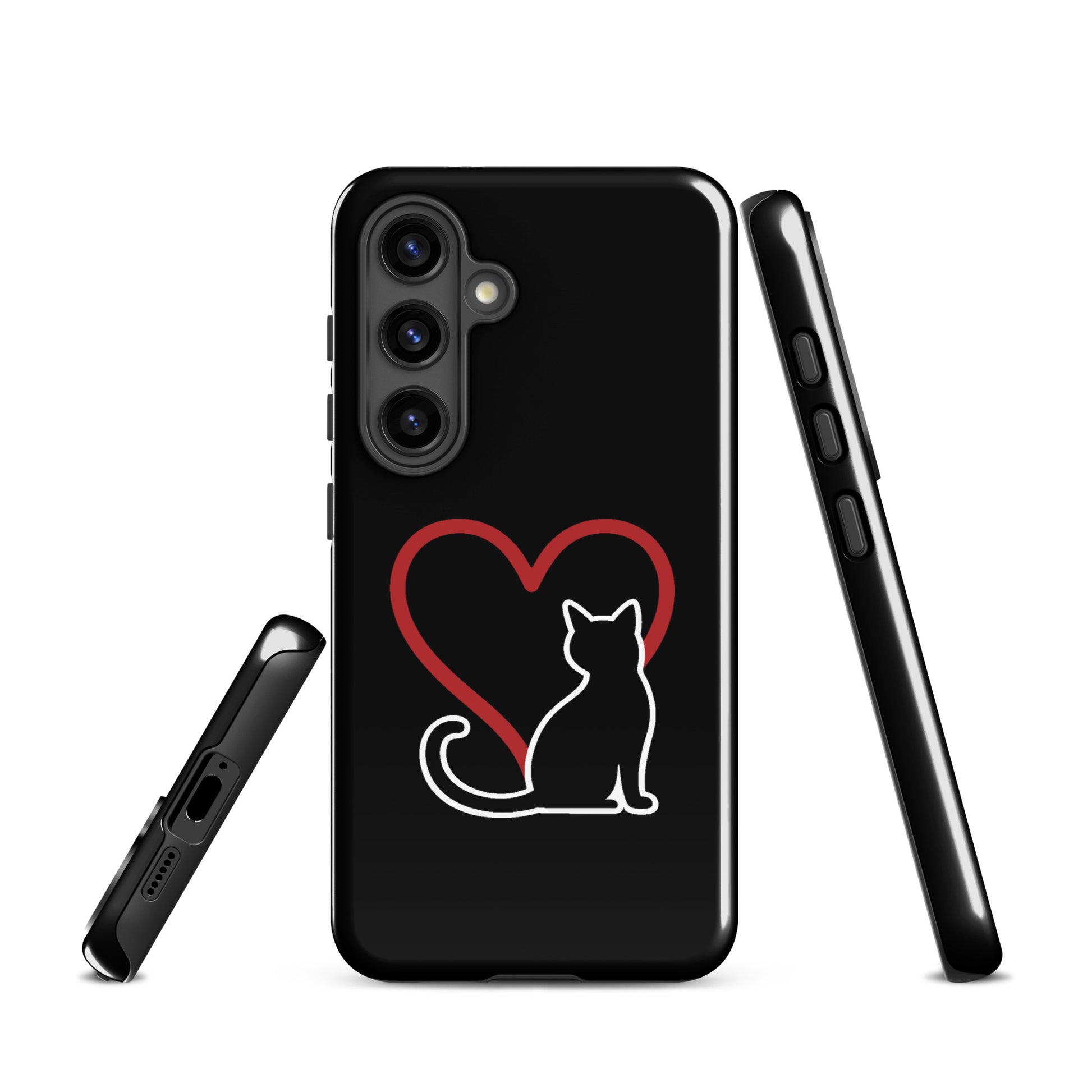 Phone Case for Samsung Galaxy featuring minimalist white cat and red heart design, perfect for cat lovers and elegant protection.