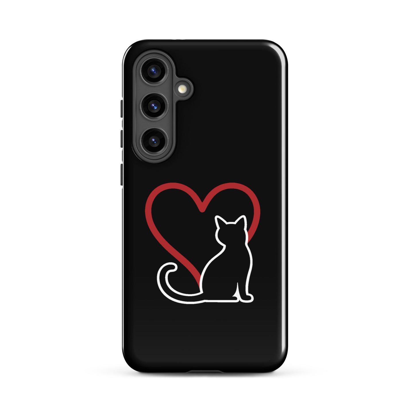 Phone Case for Samsung Galaxy featuring elegant cat and heart design on black background for cat lovers.