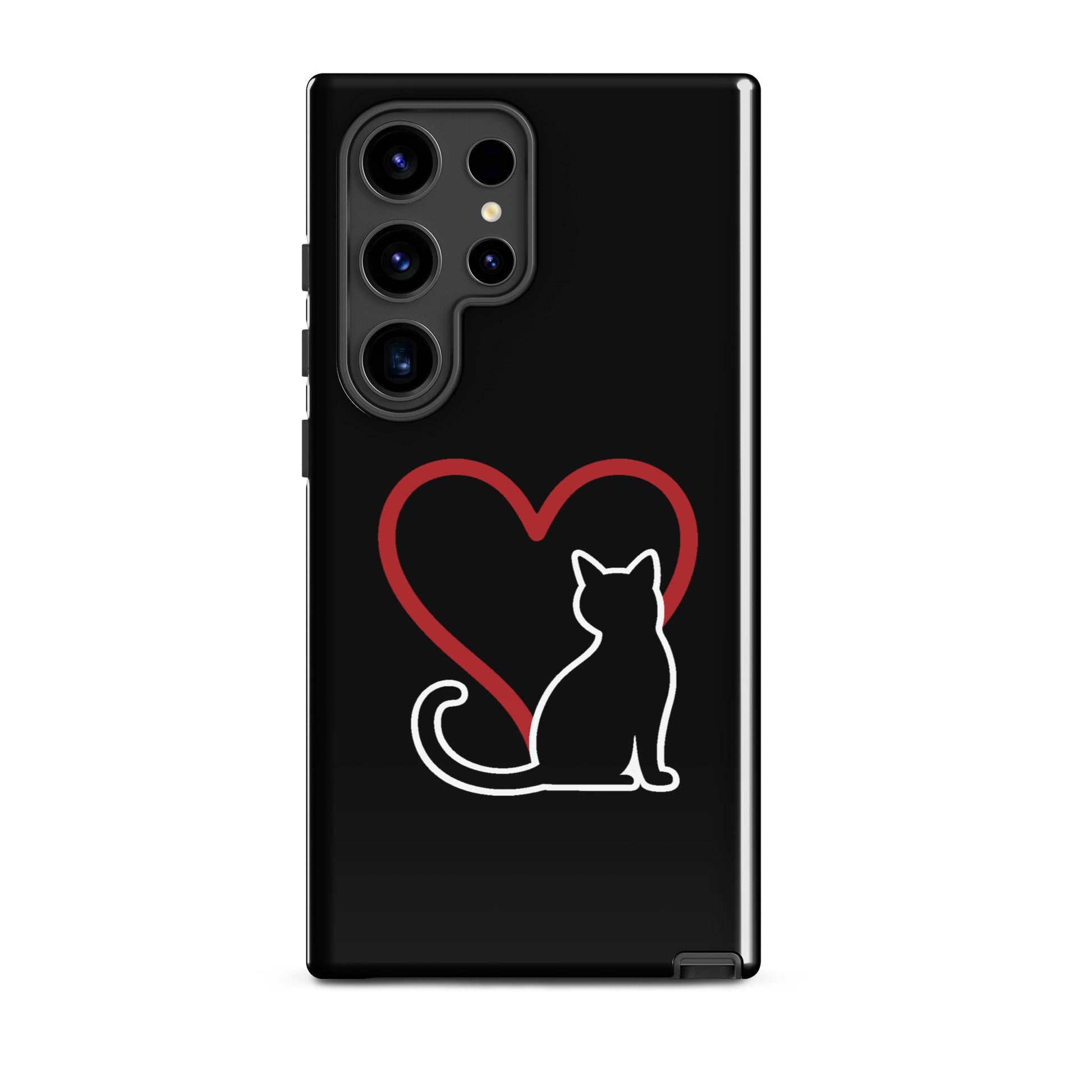 Phone Case for Samsung Galaxy with cat and heart design, black case featuring white cat silhouette beside red heart, perfect for cat lovers