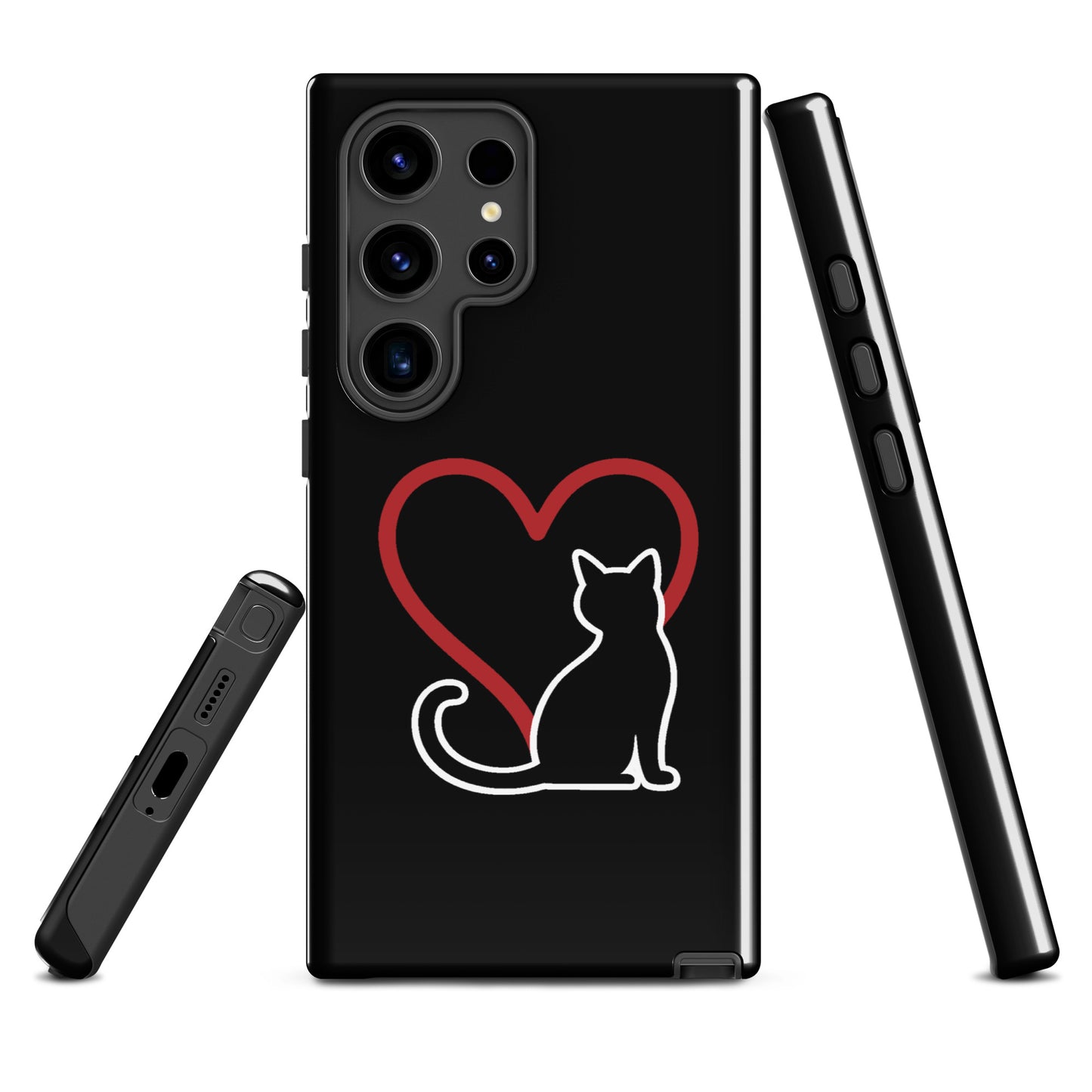 Phone Case for Samsung Galaxy with white cat and red heart design on black background, ideal for cat lovers seeking elegant protection.