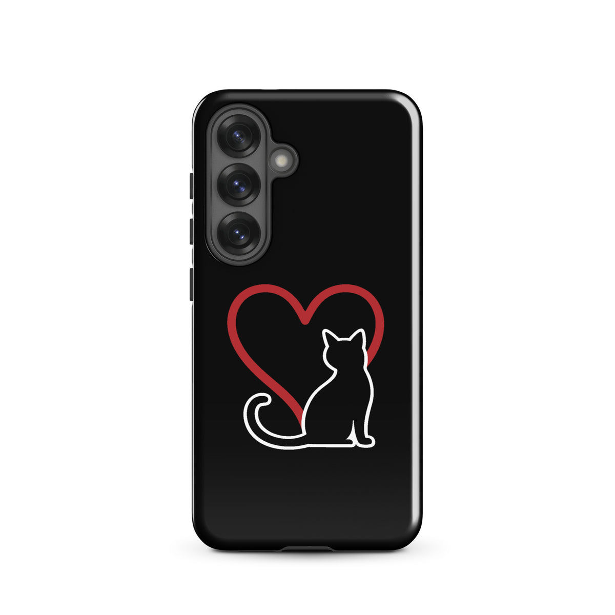 Phone Case for Samsung Galaxy featuring white cat and red heart design on black background, perfect for cat lovers.