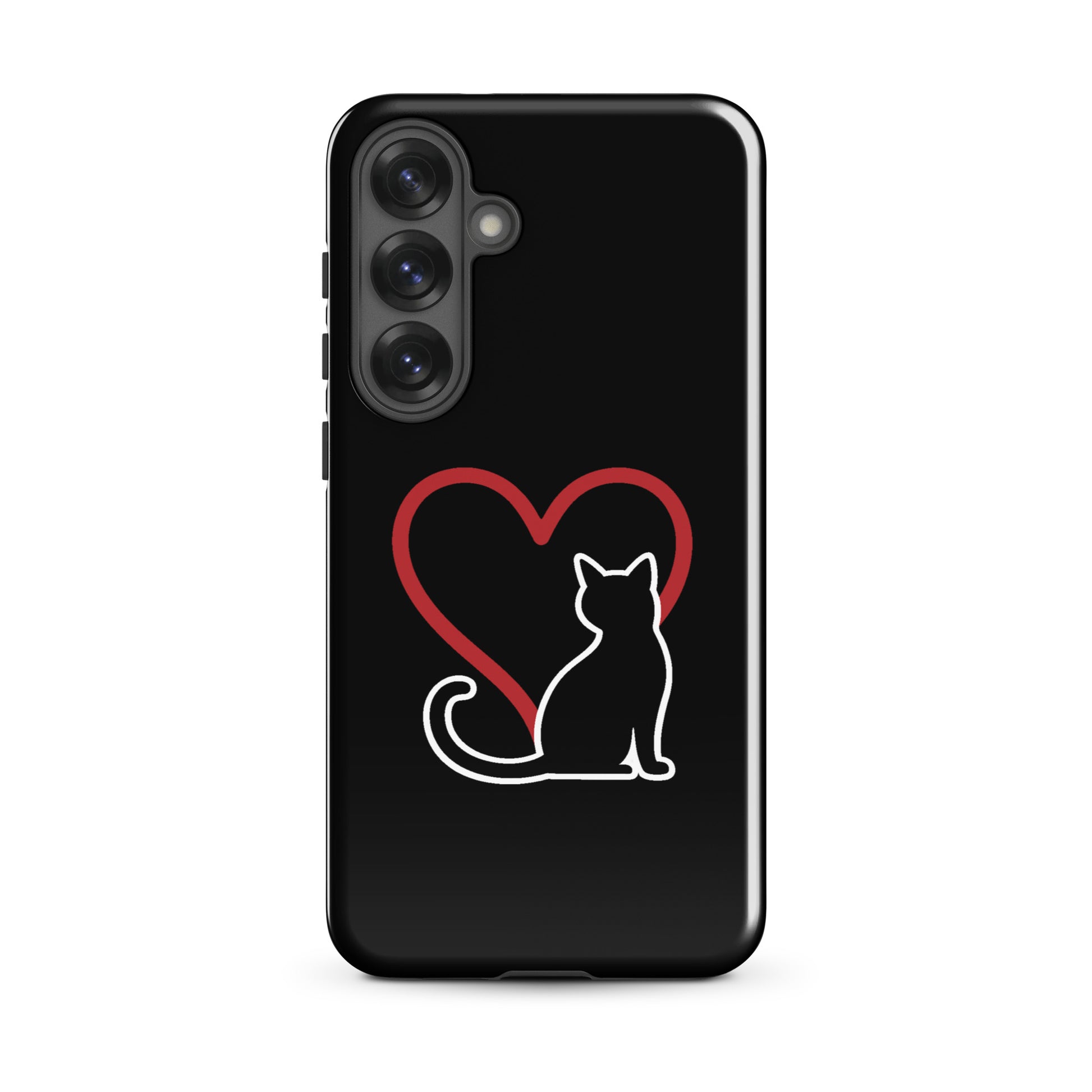 Phone Case for Samsung Galaxy with black cat and red heart design on a white background.