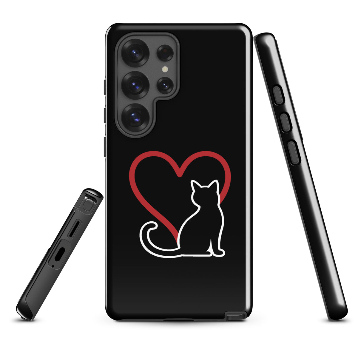 Phone Case for Samsung Galaxy with white cat and red heart design.