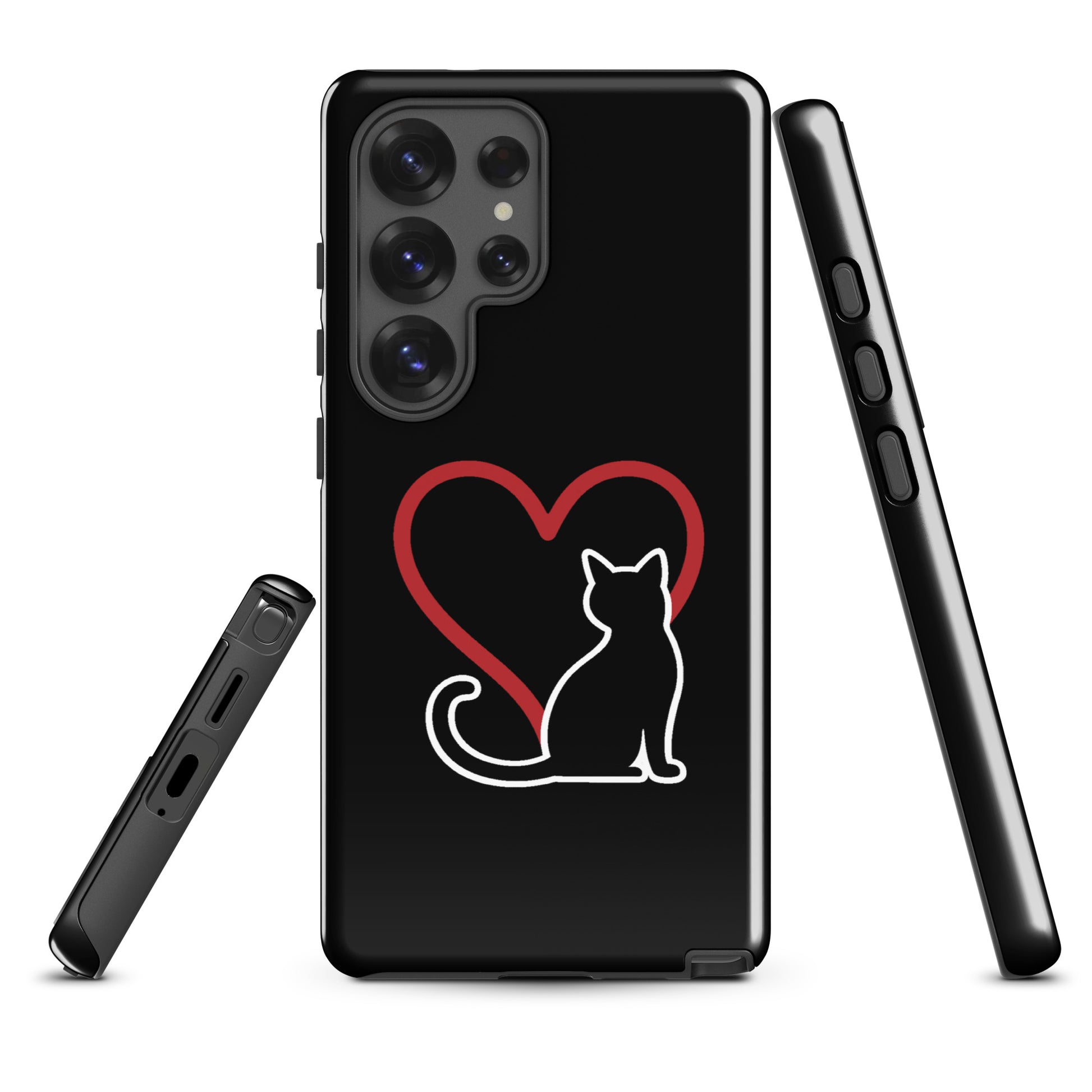Phone Case for Samsung Galaxy with white cat and red heart design.