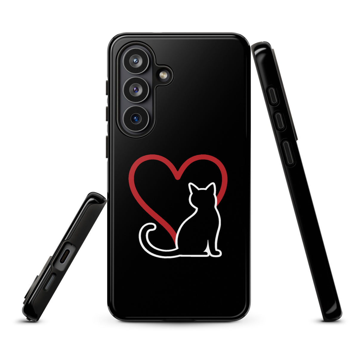 Phone Case for Samsung Galaxy featuring white cat and red heart design on black background