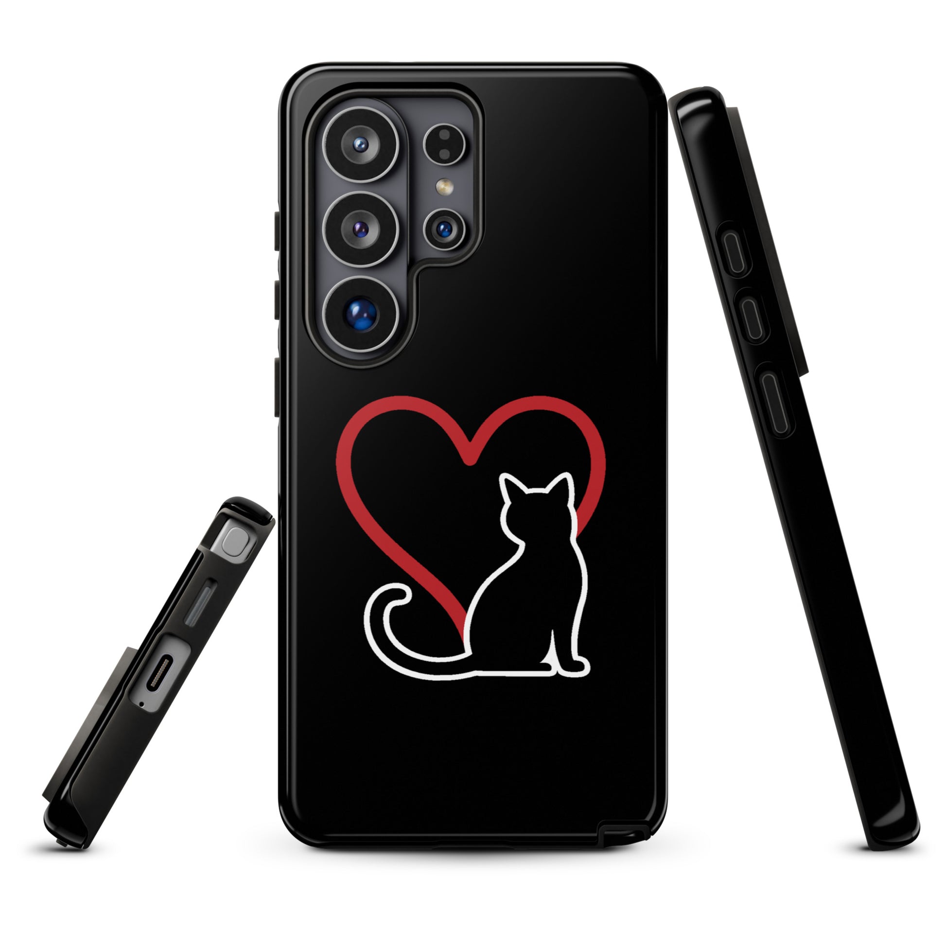 Phone Case for Samsung Galaxy with white cat and heart design, elegant protection for cat lovers.